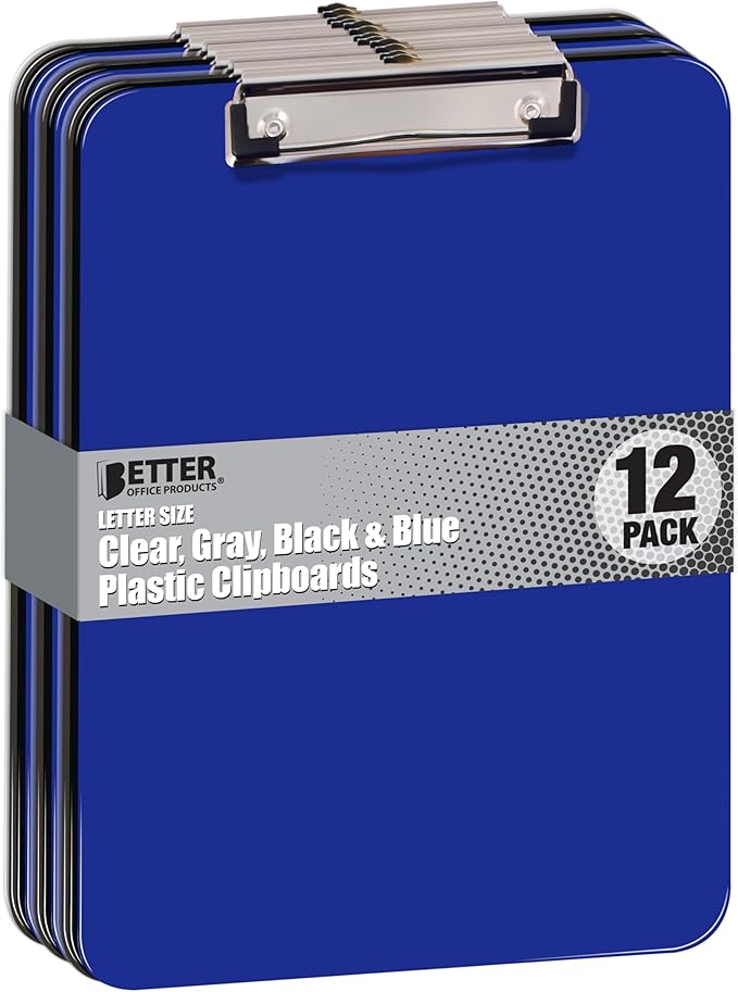 Better Office Products Assorted Colors Plastic Clipboards, 12 Pack, Durable, 12.5 x 9 Inch, Low Profile Clip, (3 Each of Black, Blue, Gray, Clear), Set of 12