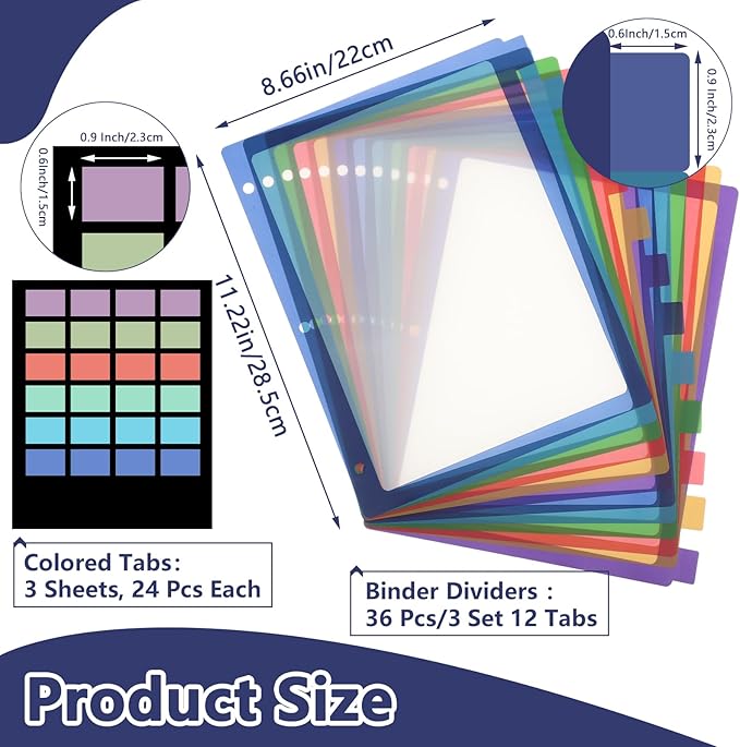 36 Pcs/3 Set 12 Tabs Binder Dividers with Colored Tabs, Clear Tab Notebook Divider Page Binder File Dividers, Letter Size