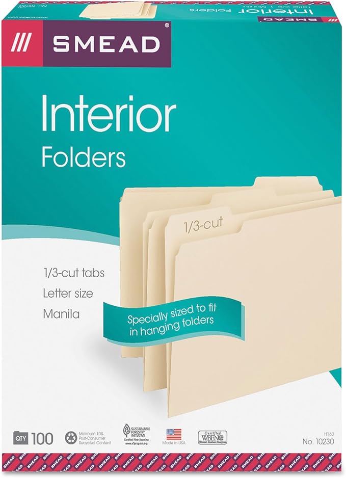 Smead Interior File Folder, 1/3-Cut Tab, Letter Size, Manila, 100 per Box, Expandable File Folders for Filing Cabinet