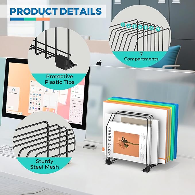 File Organizer for Desk, 7-Section Vertical File Sorter, Paper Holder Organizer Standing Metal File Folder for Office Home Classroom, Black (4Pack)