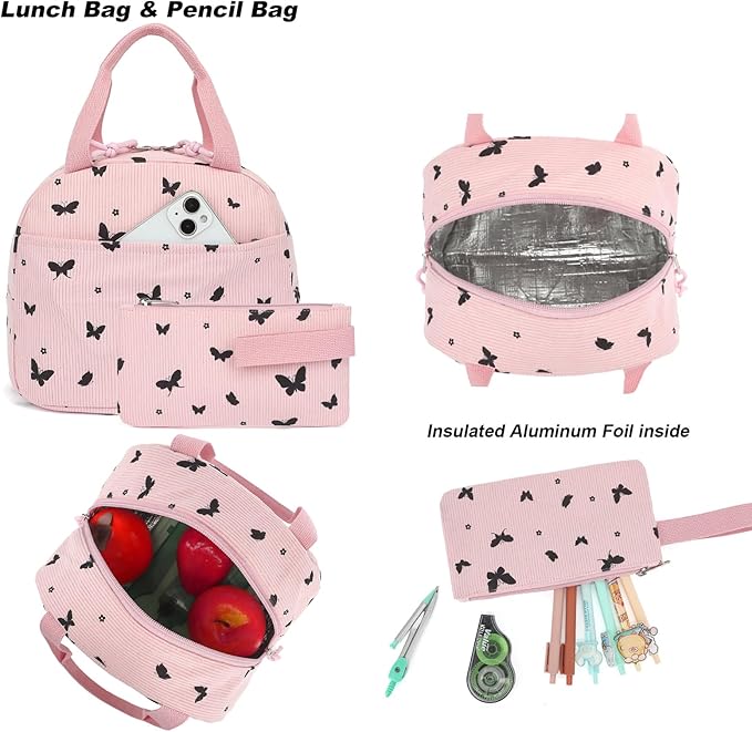 Corduroy Girls Backpack Set, 3PCS School Backpacks for Kids Elementary Middle School Bags with Lunch Box Pencil Case (Pink Corduroy Butterfly)