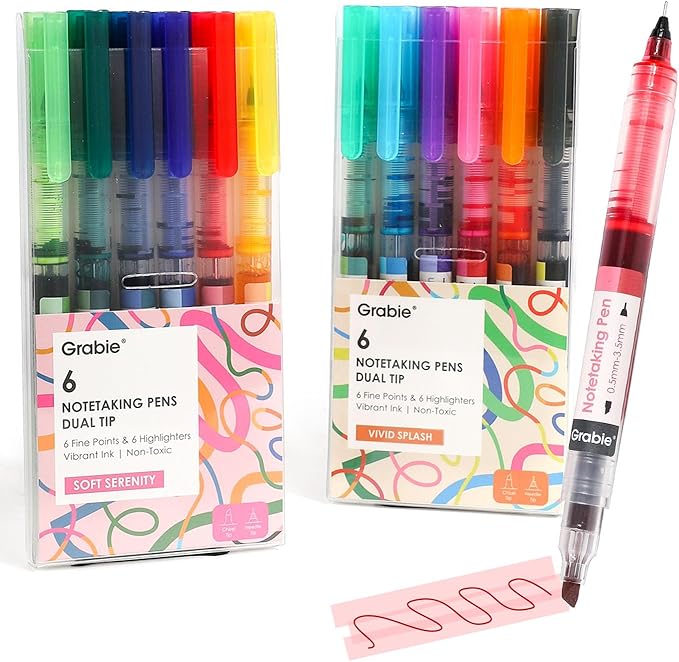 Grabie Dual Tip Notetaking Pens (3.5mm Chisel + 0.5mm Needle), Dual Tip Highlighter Markers for Journaling, Colored Pens for Note Taking and Adult Coloring Books (2 value pack)
