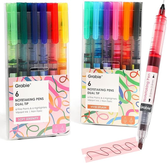 Grabie Dual Tip Notetaking Pens (3.5mm Chisel + 0.5mm Needle), Dual Tip Highlighter Markers for Journaling, Colored Pens for Note Taking and Adult Coloring Books (2 value pack)