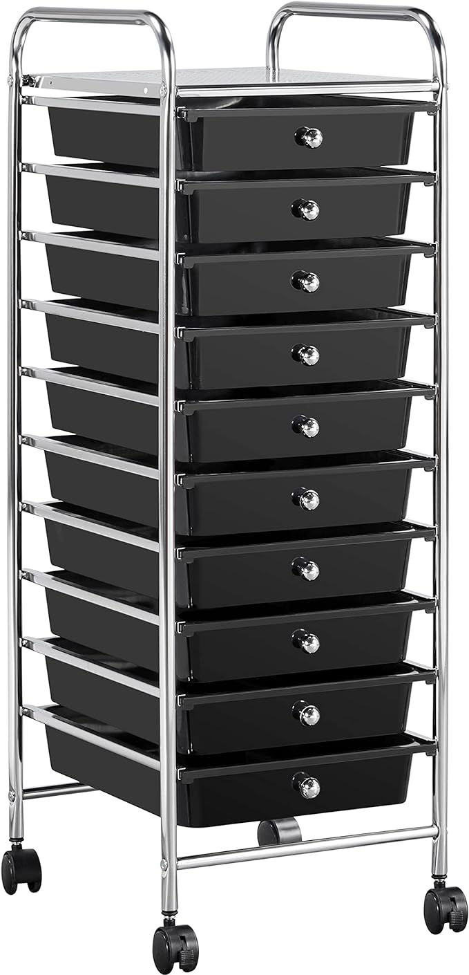 Yaheetech Rolling Cart Organizer Plastic Trolley with 10 Storage Drawers Utility Cart on Wheels Art Craft Organizer Ample Storage Space, Black