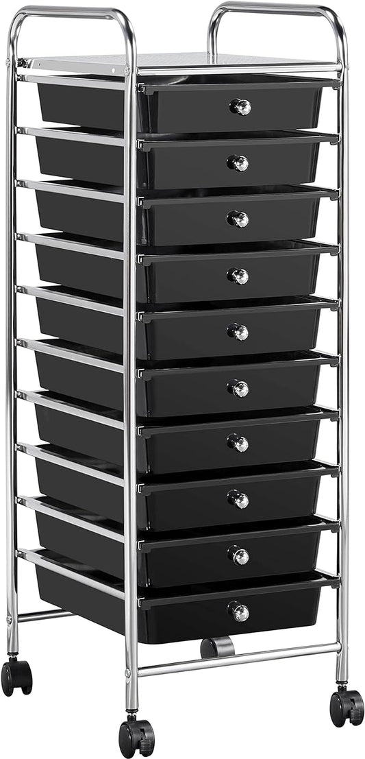 Yaheetech Rolling Cart Organizer Plastic Trolley with 10 Storage Drawers Utility Cart on Wheels Art Craft Organizer Ample Storage Space, Black