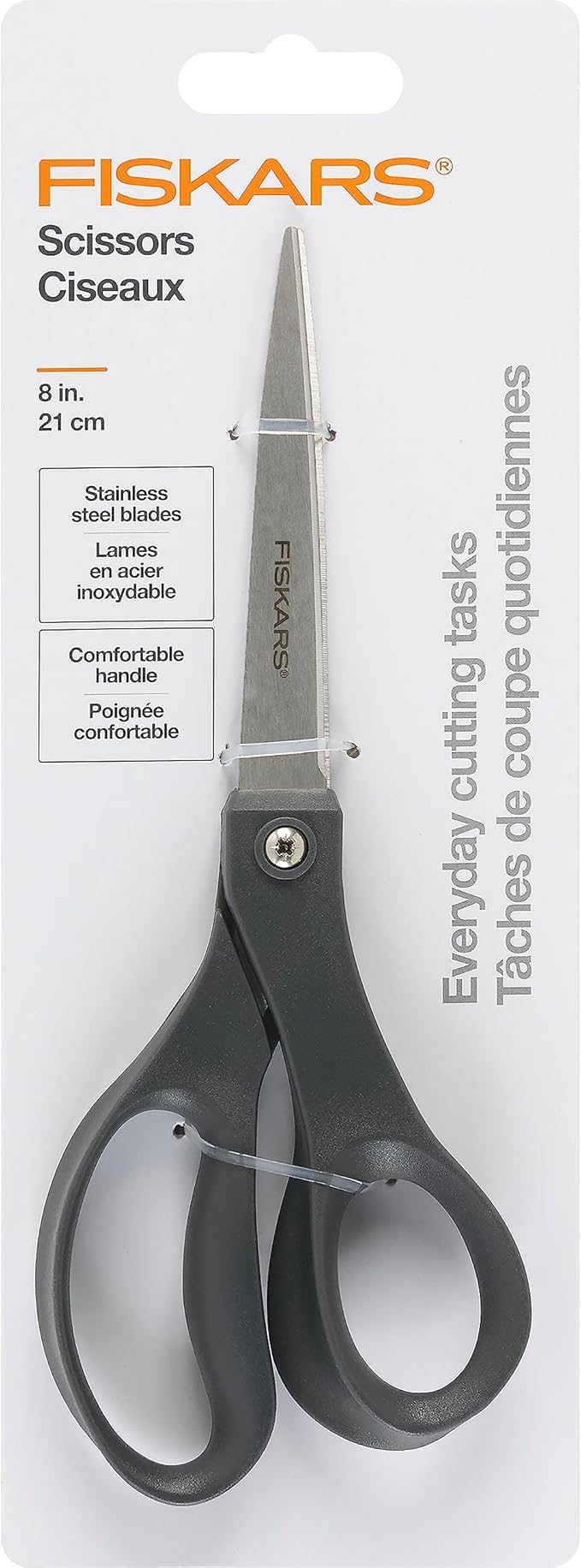 Fiskars 8” Everyday Stainless Steel Scissors (1-Pack) with Ergonomic Handles, Home & Office Scissors for Cutting Paper, Cardboard, Photos and More, Gray