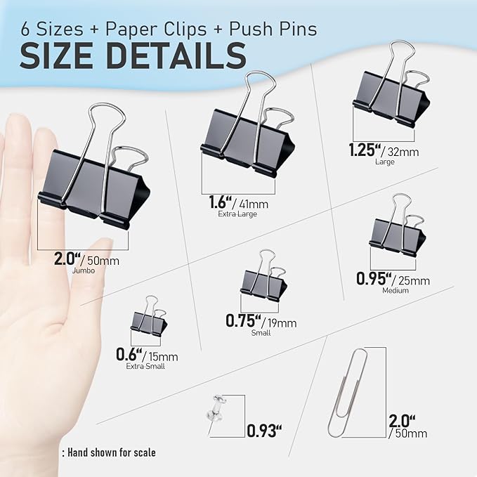 408 PCS Binder Clips Paper Clamps Assorted Sizes and Push Pins, Binding Paperwork Clamp Bulk, School Teachers Office Supplies (Black)