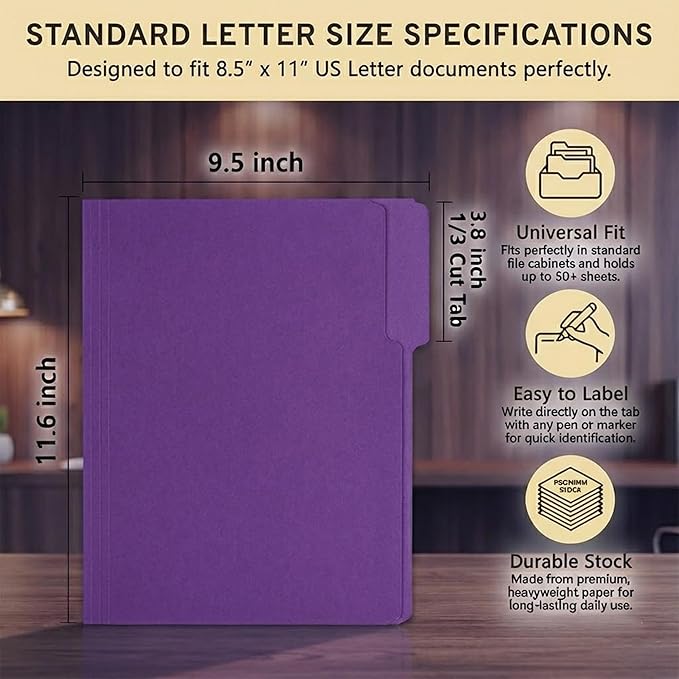 100 Packs Purple File Folder,1/3-Cut Tabs,File Folders Letter Size,8.5x11 File Folders for Office,School and Home,Organizer Documents