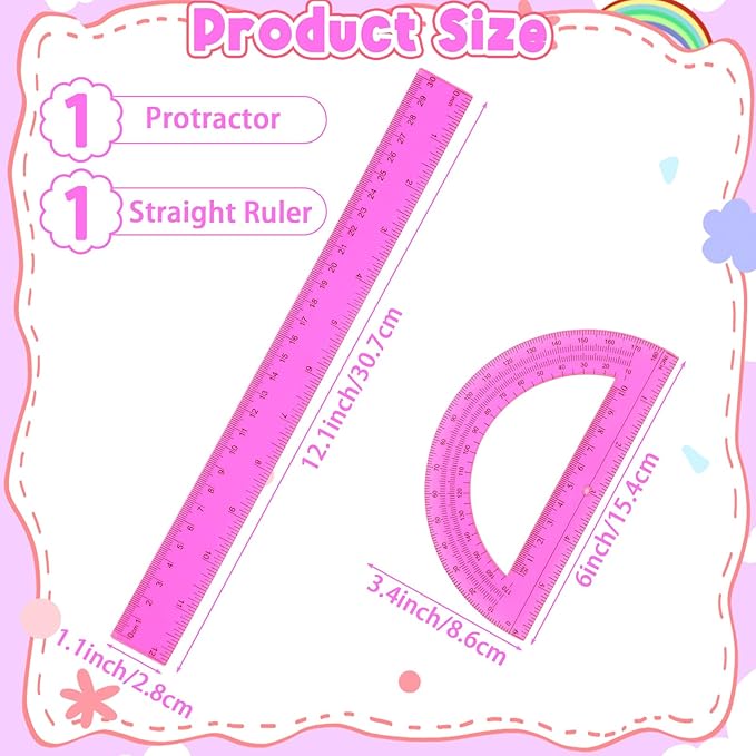 2 Pack Ruler Pink 12 Inch and 6 Inch Transparent Pink Plastic Ruler and Protractor Set Plastic Protractor Set Clear Math Drafting Geometry Sets for Home Office Drawing Architect Engineer
