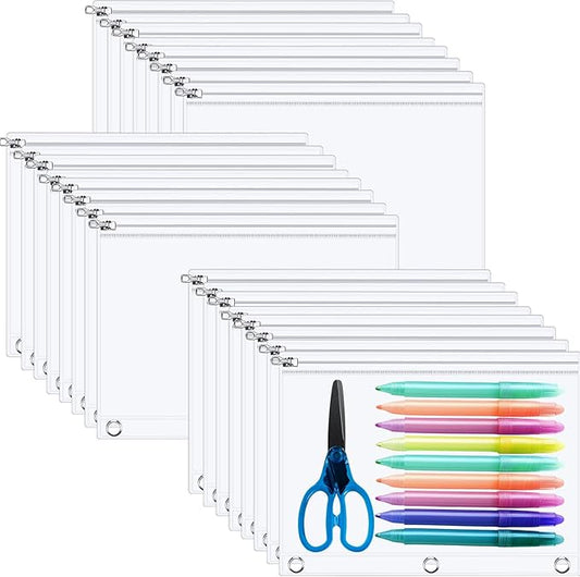 Lincia 48 Pack Clear Pencil Pouch for 3 Ring Binder Pencil Case with Zipper 3 Ring Binder Pocket Insert Bag 10 x 7'' Visible Cash Envelope with Re-enforced Grommet for Office (Clear)