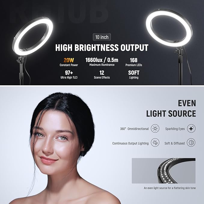 NEEWER 10" 20W LED Ring Light with Desk Stand Phone Holder for iPhone Laptop, Bi Color 2900K-7000K, USB C PD Input, CRI97+ 1660LX/0.5m, Selfie Makeup TikTok Recording Video Conference Lighting, RH10B