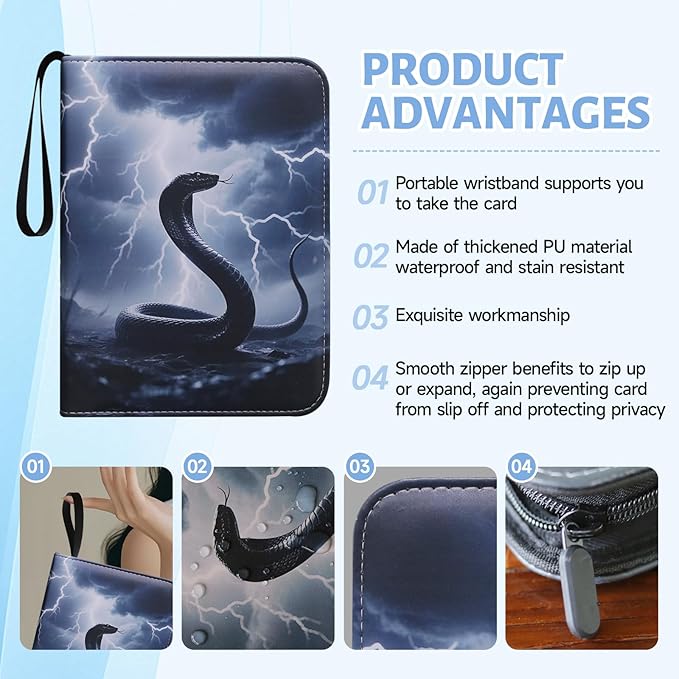 Trading Card Binder, Premium 4-Pocket Album with 400 Removable Side-Loading Sleeves, PU Waterproof, Cool Black Serpent Cover, Gray Holder for Game, Sports, Business, and Coupon Cards