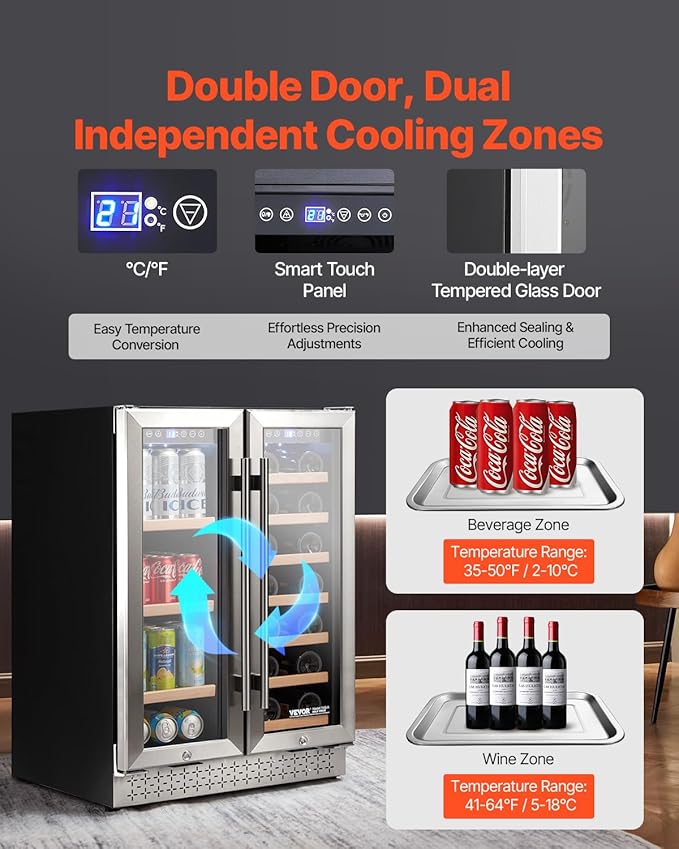 VEVOR Wine and Beverage Refrigerator, 24 in Dual Zone Wine Cooler, Built-in & Freestanding Fridge with Glass Doors, Adjustable Shelves, Digital Temperature Control, 64 Cans and 20 Bottles Capacity