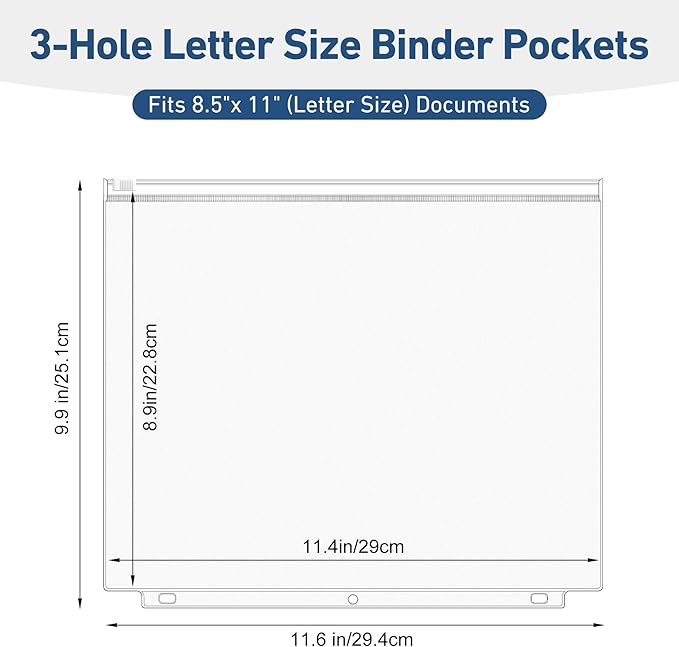 Antner 48 Pack Letter Size Binder Pockets for 3-Ring Binder Zipper Pouch Waterproof PVC Document Organizer 3-Hole Loose Leaf Folders File Sleeves Storage Bags Side Loading for Business Office Supplies