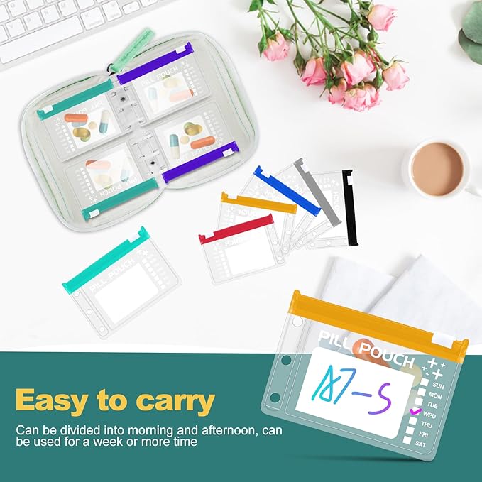 A7 Waterproof Pill Organizer with 14 S Zippered Pill Pouches for A7 Binder, Small BPA-Free Weekly Medicine Organizer, Color-Coded Reusable Travel Pill Storage System