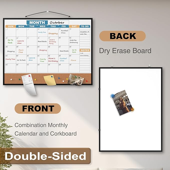 Monthly Calendar Dry Erase Board 24x18 Inch, Double-Sided Whiteboard and Corkboard Combo with Black Aluminum Frame (Color Calendar), Wall Mounted Planner with Marker, Magnet, Push Pin, Eraser