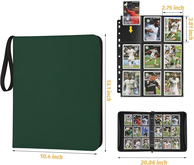 9 Pocket Card Binder, Premium Zip Trading Card Binder, 720 Double Sided Pocket PU Card Collection Binder, Collector Card Album, Card Folder for MTG, TCG, Sports Cards, Game Cards (DARK GREEN)