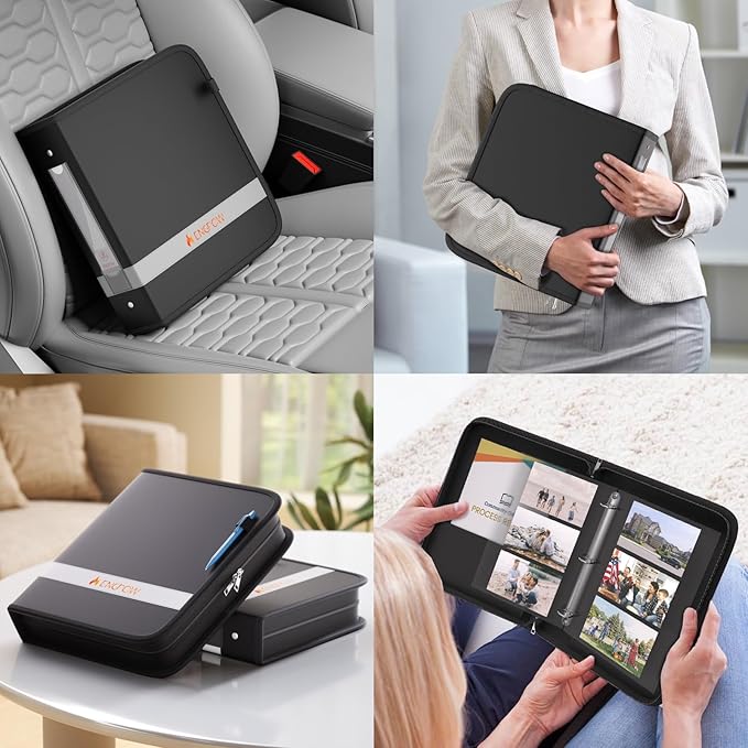 ENGPOW 3 Ring Binder,Fireproof 1.5 Inch D Ring Binder with Zipper,Holds 375 Sheets,Non-Stick,PVC-Free,Compatible with Clear Sheet Protectors,Portable School Office Home Safe Storage for Paper,Black