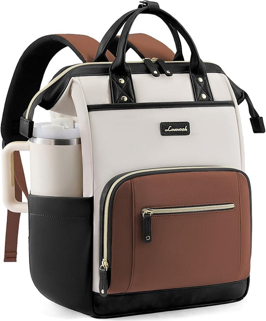 LOVEVOOK Laptop Backpack for Women with Giant Tumbler Holder,17 inch Professional Nurse Teacher Backpack Computer Laptop Bag,Cute Waterproof Travel Backpack Purse Work College Bag, Beige-Black-Brown