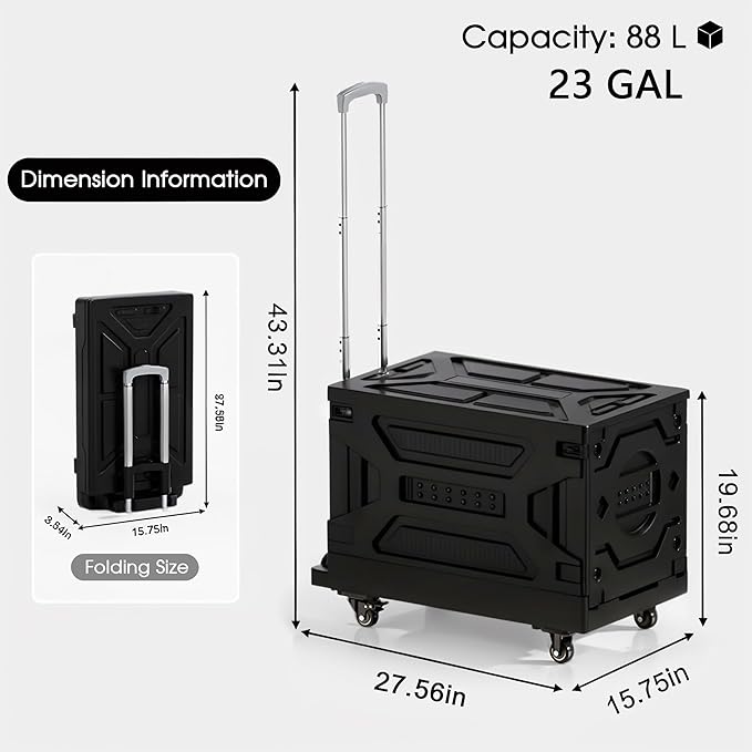 VECELO 23 GAL Modern Rolling Carts with Wheels, Foldable Utility Cart, Light Weight Platform Trucks Dolly, 4 Heavy Duty Wheels, Ideal for Shopping, Camping, Teachers, Elegant Black