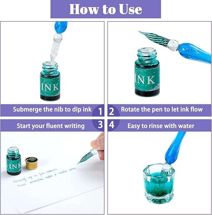 Glass Dip Pen Ink Set, 16pcs Calligraphy Fountain Pens Set, 2 Crystal Glass Pen, 12 Gold Powder Drawing Ink Drip Tool for Writing Signatures Art Christmas Gift, Calligraphy Kit for Beginners