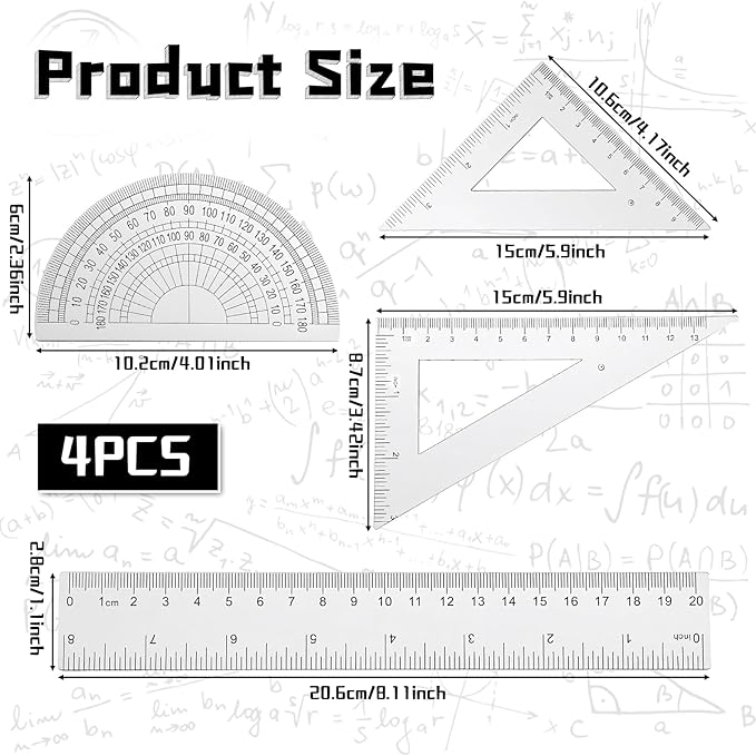 4 Pcs Transparent Plastic Ruler Kit, Math Geometry Set with 8 Inch Straight Ruler, Triangle Rulers, Protractor, Clear Measuring Tools for Office and Drafting