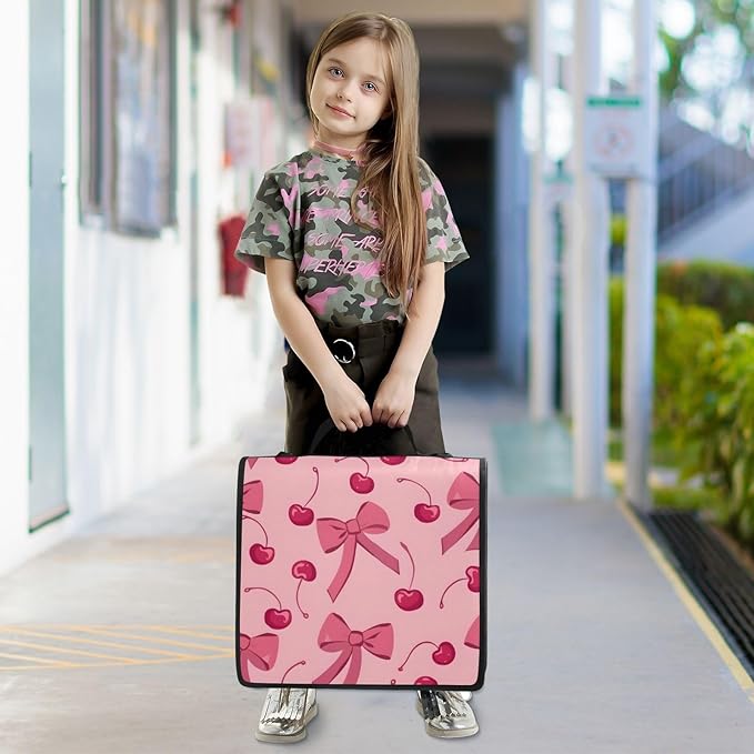 Bow Cherry Pink Zipper Binder Bag 3 Ring Binder with Shoulder Strap Zip Up 500 Sheets Capacity Multi Pockets for School Office Supplies
