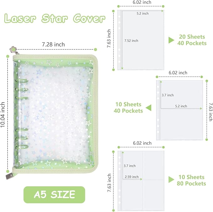 Sticker Organizer Binder - Reusable Sticker Collecting Book Storage Album Holder with Pocket Pages A5 Zipper Cover Collection Container (Green)