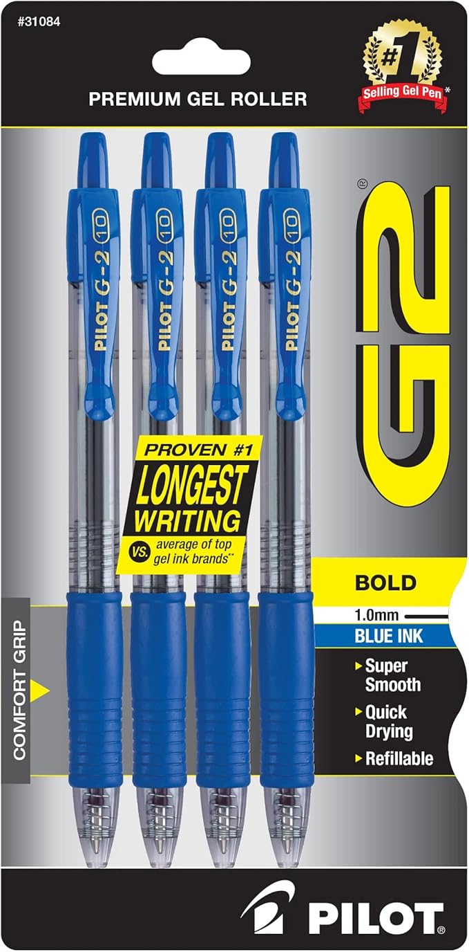 Pilot, G2 Premium Gel Roller Pens, Bold Point 1 mm, Pack of 4, Blue