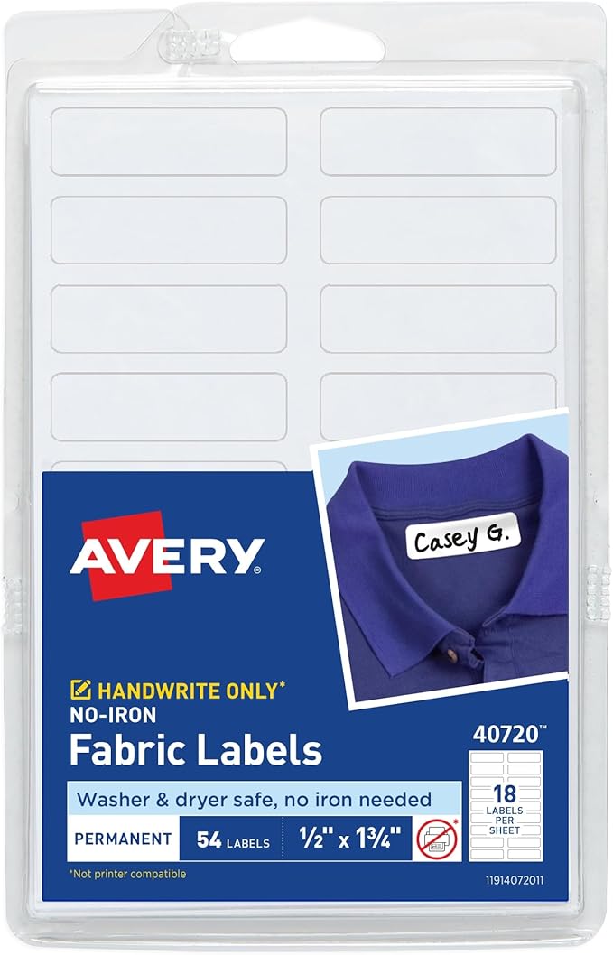 Avery No-Iron Fabric Labels, 1/2" x 1-3/4", Washer and Dryer-Safe Waterproof Labels, Non-Printable, 54 Total (40720)