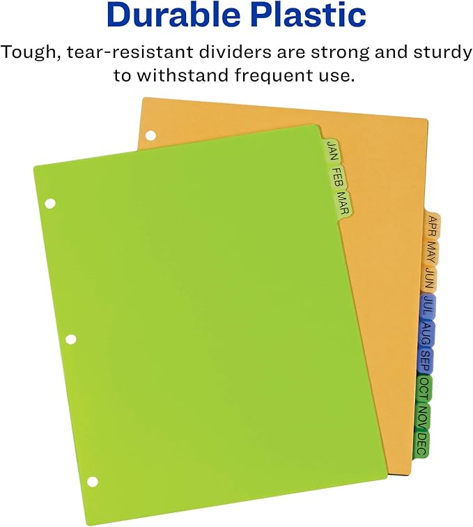 Avery Plastic A-Z 12-Tab Dividers for 3 Ring Binders, Pre-Printed Multicolor Tabs, 1 Set (11330)