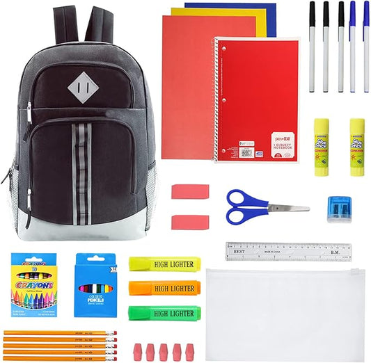 6-Pack 18” Sport Backpacks with 50 Piece School Supplies Kits - Pens, Pencils, Crayons – Bulk Bundle for Elementary, Middle, and High School Students