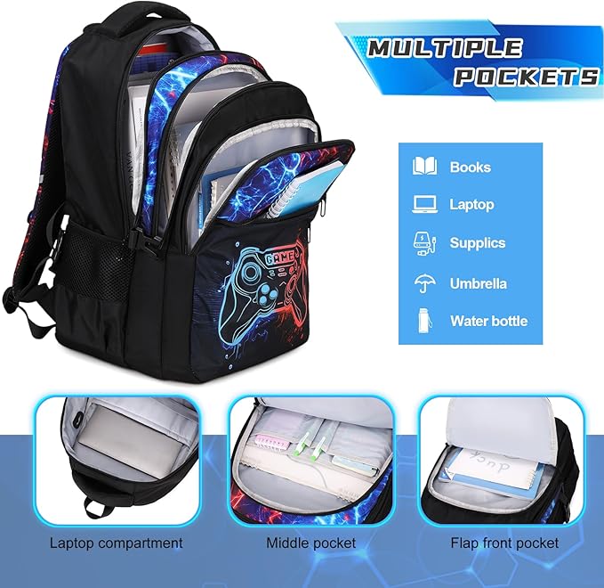 Boys Backpack for School, 3PCS Cool Luminous Gamer Backpack for Boys with Lunch Box Pencil Case, Kids Backpacks Bookbag for Teen Boy Elementary Middle High School with USB Charging Port