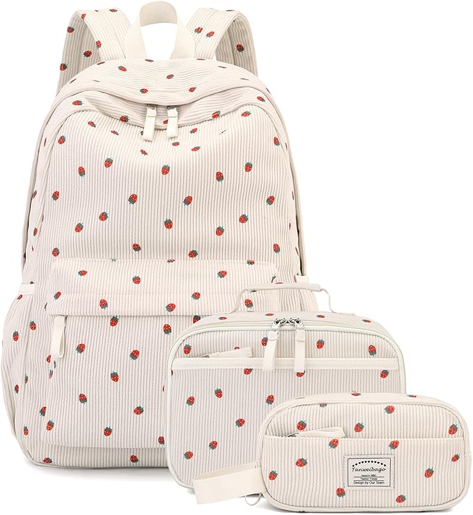 Backpack for Girls Boy Teen Corduroy Bookbags Elementary Middle High School Women Laptop Bag with Lunch Box Pencil Bag (Strawberry Beige)
