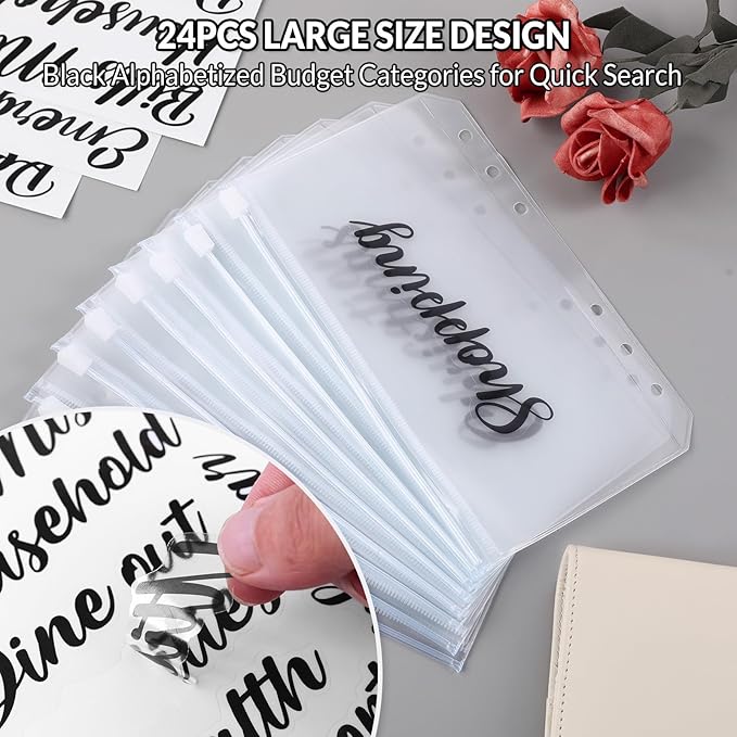 SKYDUE Budget Binder with 8pcs Zipper Envelopes, Money Organizer for Cash with 12pcs Expense Budget Sheets & 24 Blak Sticky Labels, Budget Book with Cash Envelopes (Creamy Oatmeal)
