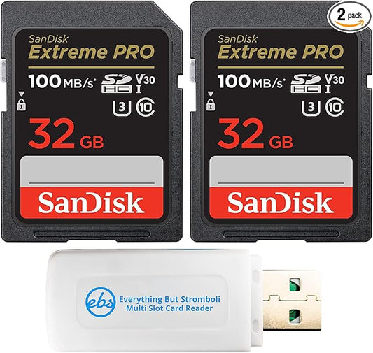 SanDisk 32GB (Two Pack) Extreme Pro Memory Card works with Nikon D3400, D3300, D750, D5500, D5300, D500, AW130, W100, L840 Digital DSLR Camera SDHC 4K V30 UHS-I with Everything But Stromboli Reader