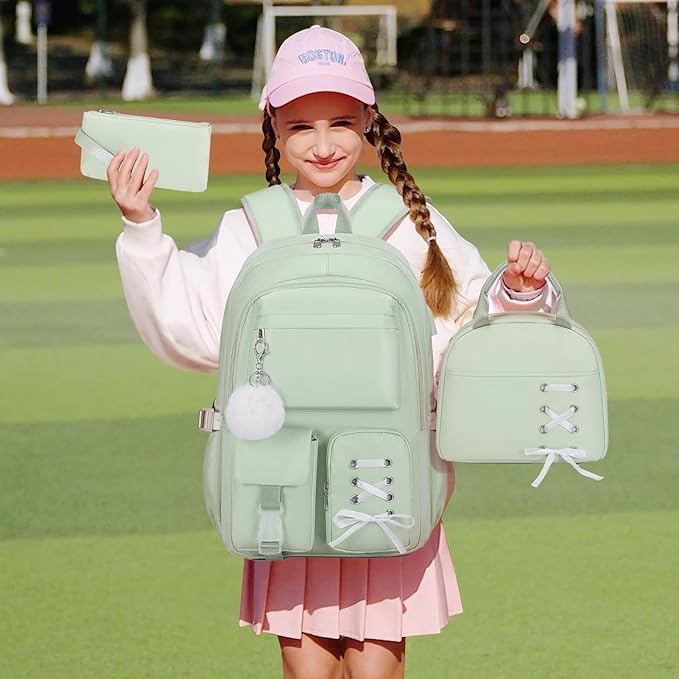 Backpacks for Girls, Girls Backpack with Lunch Box & Pencil Pouch for Teens Girl Kids Elementary Middle High School College Student Bookbag Daypack Laptop Travel Backpack for Women (Green)
