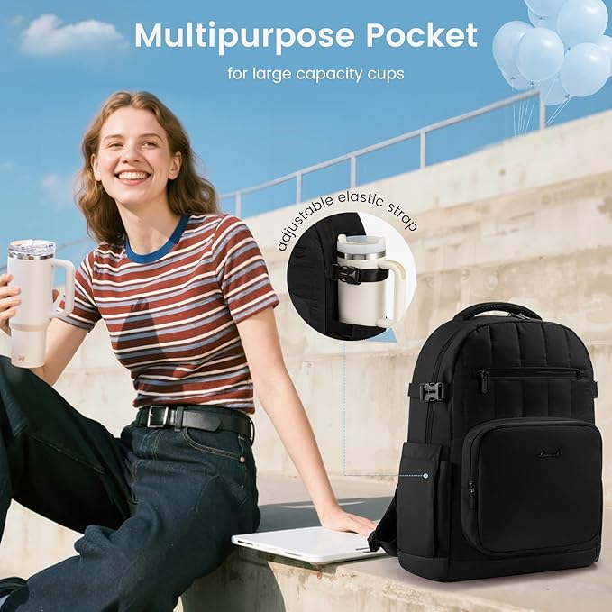 LOVEVOOK Laptop Backpack for Women with Giant Tumbler Holder Pocket,15.6 Inch Puffer Travel College Work Backpack Purse for Teacher Nurse,Waterproof Laptop Bag Computer Back Pack Casual Daypack,Black