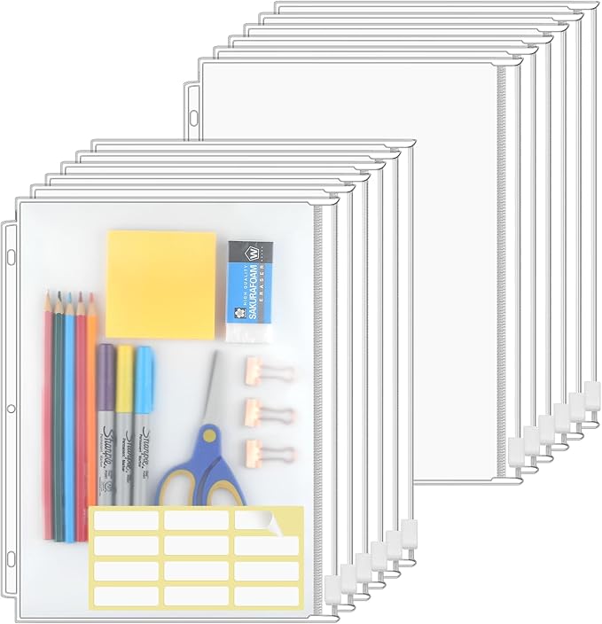 KTRIO Letter Size Binder Pockets 3 Ring Binder Zipper Pouch 24 Pack, 3 Holes Clear PVC Loose Leaf Bags 8.5"×11" Document Folders for Business Office School Supplies