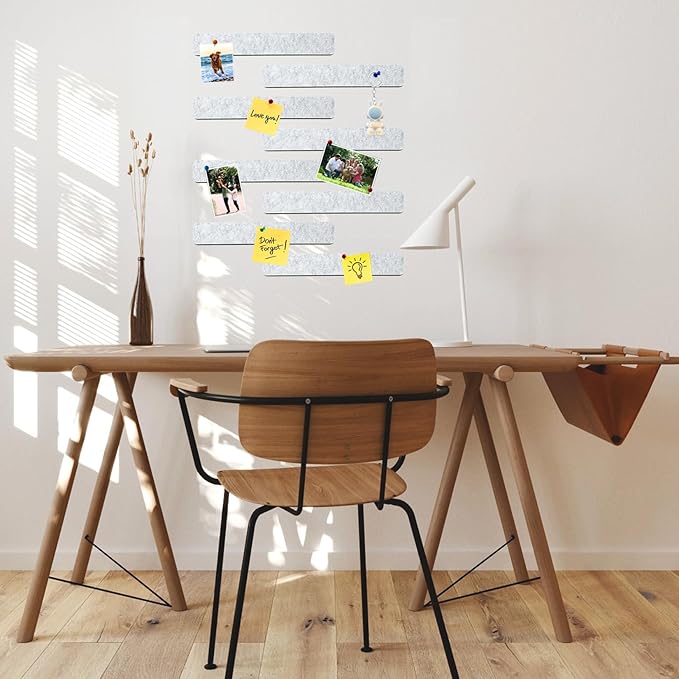 8Pcs Rectangle Felt Cork Board Bar Strips with 35 Pushpins, Self-Adhesive Bulletin Board Strips for Office School Home Wall Decor Stickers Memos Schedules Photos Display -Light Grey
