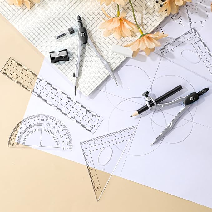 Zonon Math Geometry Set 10 Pcs Student Supplies with Shatterproof Storage Box, Includes Rulers Protractor Compass Pencil Sharpener Lead Refills Eraser Pencil for Drafting and Drawings (Black)
