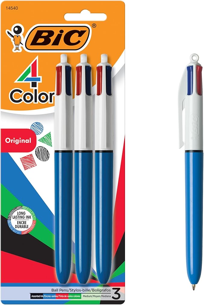 BIC 4-Color Original Retractable Ball Pens, Versatile 1.0mm Medium Point, Long-Lasting Ink, Great Gift Idea, 3-Count in Assorted Colors