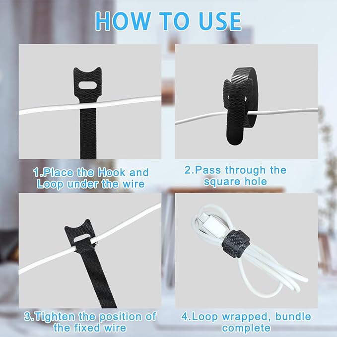 100pcs Reusable Cable Ties - Hook and Loop Cable Straps for Wire Management - Adjustable Cord Organizer & Wire Ties for Electronics, Home, Office & Desk - 4 Sizes (8/6/5/4 Inch)