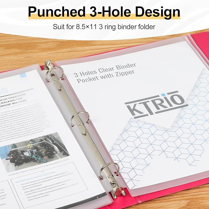 KTRIO Letter Size Binder Pockets 3 Ring Binder Zipper Pouch 12 Pack, 3 Holes Clear PVC Loose Leaf Bags 8.5"×11" Document Folders for Business Office School Supplies