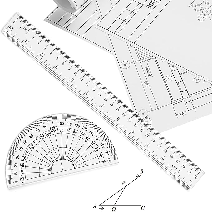 Coopay 12 Inch Math Geometry Tool Plastic Ruler Square Set Includes Straight Ruler, Triangles, Protractor, Compass, Pencil Lead, Pencil Sharpener for Student School Home Office Supplies