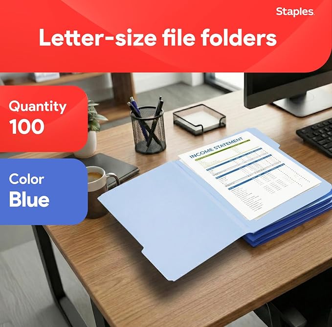 Staples File Folders, Letter Size, 1/3‑Cut Top Tabs, Blue, Durable 10.5‑Point Paper Stock, 100/Pack