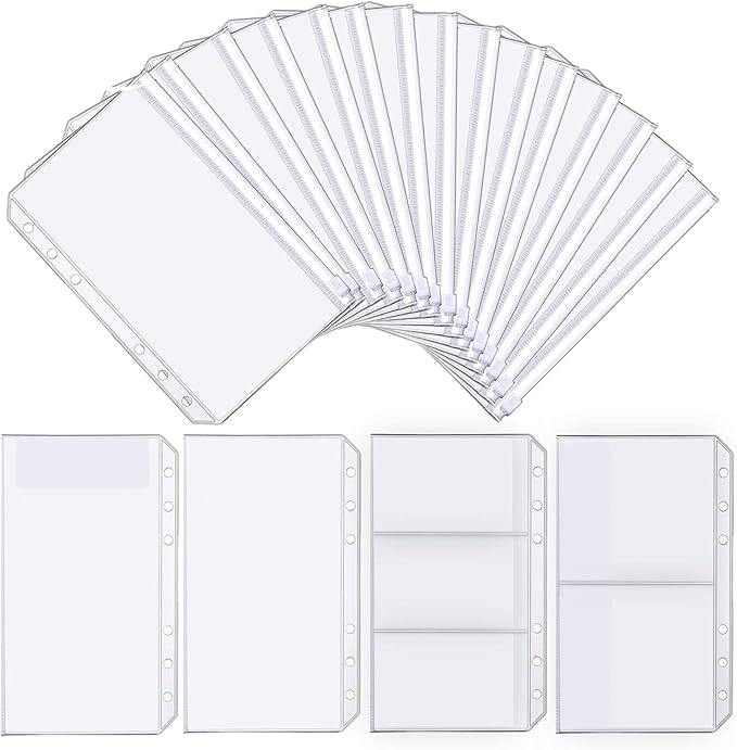 32 Pcs Binder Pockets A6 Size 6 Holes Binder Zipper Pouch Folders for 6-Ring Notebook Binder Loose Leaf Bags, Waterproof PVC Pouch Document Filing Bags,Name Cards and Receipt