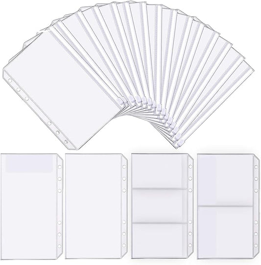 32 Pcs Binder Pockets A6 Size 6 Holes Binder Zipper Pouch Folders for 6-Ring Notebook Binder Loose Leaf Bags, Waterproof PVC Pouch Document Filing Bags,Name Cards and Receipt