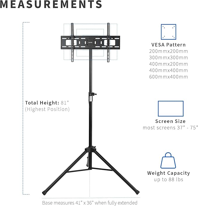VIVO Tripod 37 to 75 inch LCD LED Flat Screen TV Display Floor Stand, Portable Height Adjustable Mount, Black, STAND-TV75T