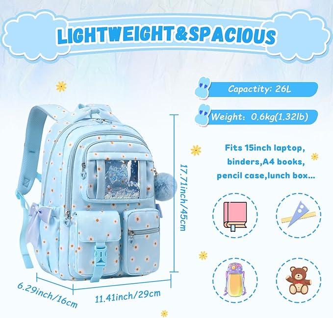 Kids Backpack for Girls - School Bags for Middle School Students - Book Bag for Elementary Primary - Kawaii Ita Backpack - Blue Daisy